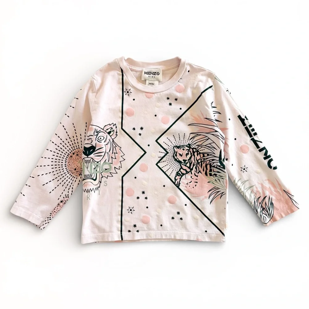 Kenzo Kids Tiger Jungle Graphic Long Sleeve Tee Pink Girls 4 104 Designer Top 4A